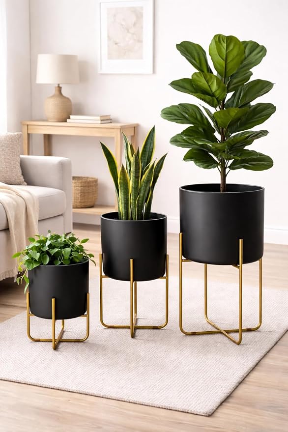 Kirpi Modern Planter Pots, Set of 2 Round Black Planters with Gold Stand, Decorative Floor Planters, Metal Pots with Drainage Holes for Living Room, Office, Garden, Balcony, 7 and 9 Inch Diameter