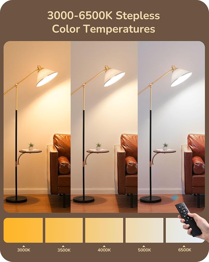 EDISHINE 68" Arc Floor Lamp with Table, Vintage Standing Lamp for Living Room with Tray, Height Adjustable, 5 Color Temperatures LED Bulb Included, Beige Shade, for Bedroom Office, Wood Grain