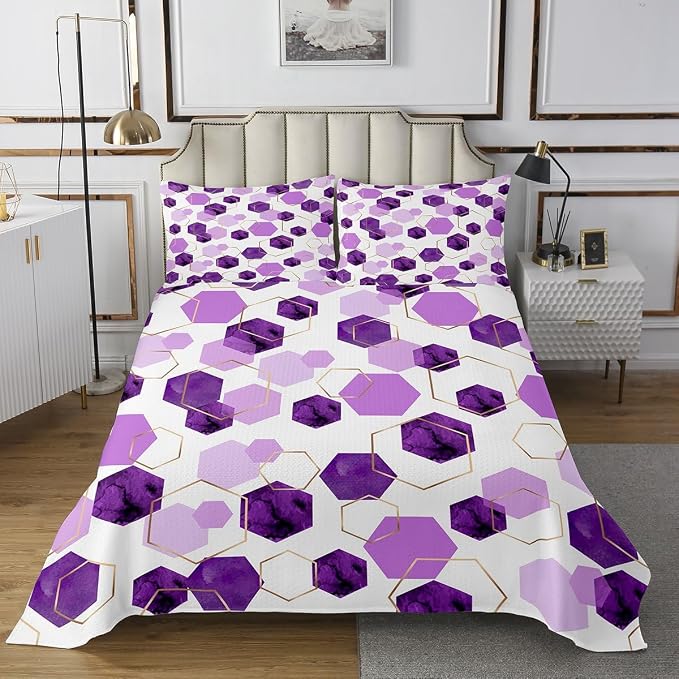 Erosebridal Purple Quilt Set Queen Size for Boys Girls Geometric Hexagon Coverlet Set Modern Abstract Art Decor Bedspreads Lavender Marbling Striped Bedding Sets, 1 Quilts 2 Pillow Cases