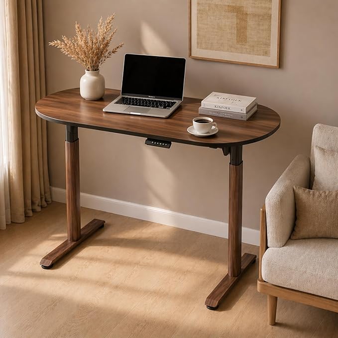 Electric Standing Desk 48 x 24, Stable No Wobble Sit Stand Desk with Quiet Motor & Memory Presets, One-Piece Walnut Desktop, Oval Leg Home Office Standing Desk, Anti-Collision, Minimalist Design