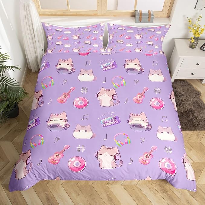 Erosebridal Cute Cat Toddler Duvet Cover Purple Kitten Bedding Set Guitar Musical Notes Comforter Cover for Kids Girls Boys Adults Cartoon Pet Animals Bed Set
