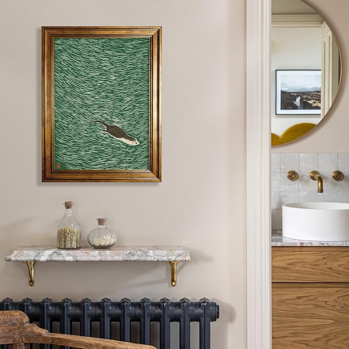 Gold Framed Japanese Otter Swimming Poster Funny Nature Wild Animal Pictures Retro Minimal Green Water Canvas Wall Art for Living Room Bedroom Bathroom 24x36 inch