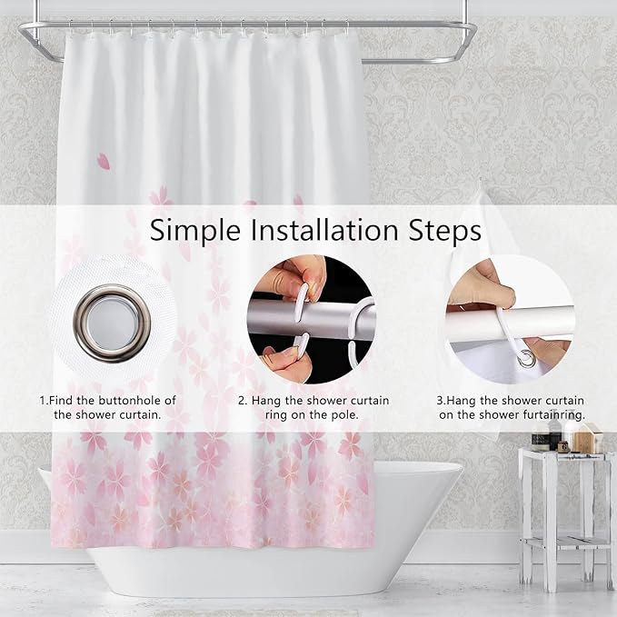 Pink Floral Bathroom Shower Curtain Cherry Blossom Dreamy Flowers Petal Shower with Hooks Polyester Waterproof Fabric Girly Home Decorative Bathtub, 72x84 Inch