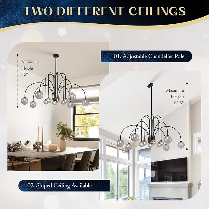 Modern Black Chandeliers Mid Century 12 Lights Sputnik Chandelier Large L52” Smoke Glass Globe Pendant Light Fixture for High Ceiling Foyer Staircase Living Dining Room