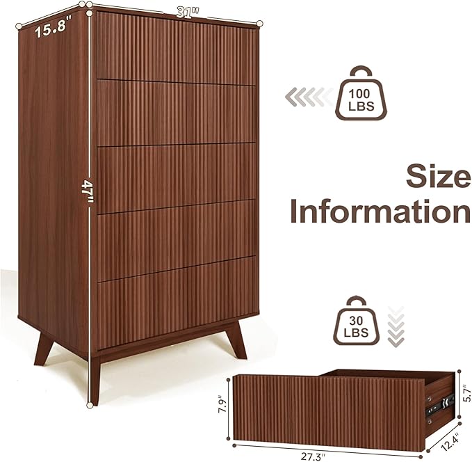 Fluted 5 Drawers Dresser for Bedroom, 47" Tall Handleless Chest of Drawers with Faux Marble Top, Curved Profile, Wooden Drawer Organizer for Living Room, Hallway, Entryway, Walnut