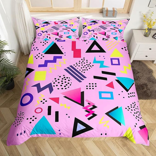 80s Bedding Set Memphis Pattern Old Fashion Comforter Cover,Vintage 90s Memphis Style Duvet Cover Abstract Geometric Pattern Retro Bed Set Full,Rainbow Urban Modern Circles Triangle Room Decor