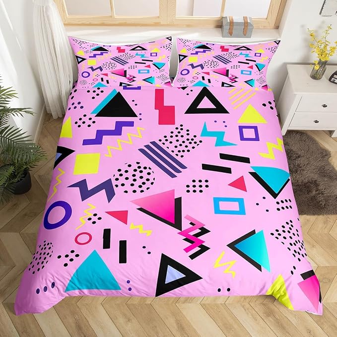 Memphis Duvet Cover Hipster Retro Bedding Set,80s and 90s Hip Hop Funky Comforter Cover Colorful Pop Art Inspired Pattern Twin Bed Set,Watercolor Eighties Memphis Geometrical 80s Bedroom Decor