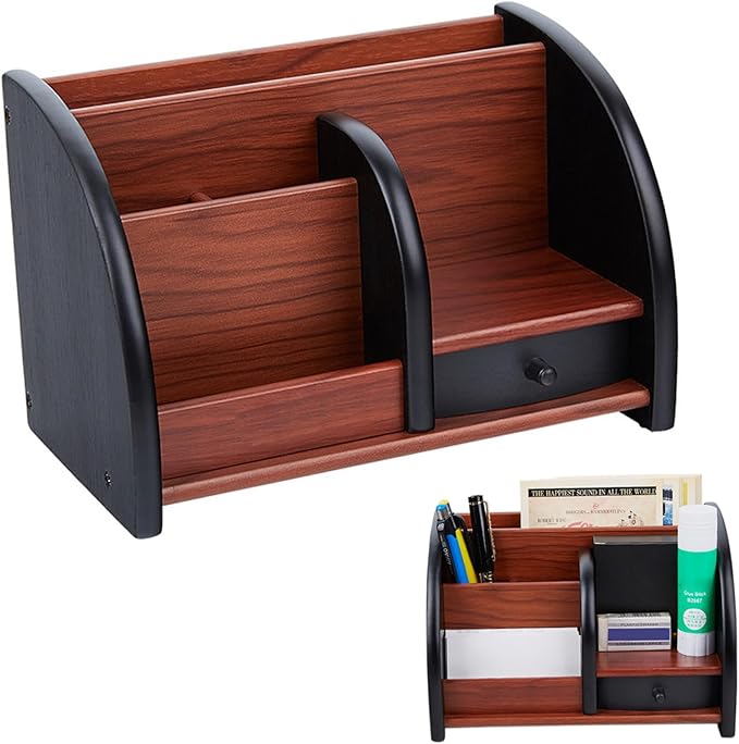 Wood Desk Organizer, Walnut Brown Table Top Organizer, Handcrafted Wooden Desktop Storage for Pens, Office Supplies, and Small Items Wood Desk