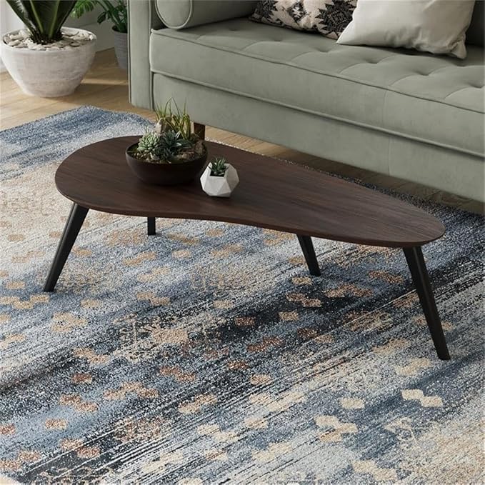 Pemberly Row Mid-Century Contemporary Coffee Table, Kidney-Shaped Walnut Veneer Top, Solid Wood Base and Tapered Legs, 47" W x 23" D x 15" H, Artistic Design for Living Room