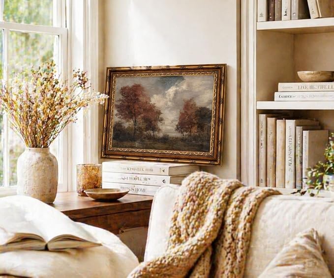 Vintage Gold Framed Autumn Landscape Wall Art - Rustic Moody Fall Trees Countryside Painting, Antique Gold Frame Fall Scenery Canvas Print Picture Wall Decor 8x10 Inch