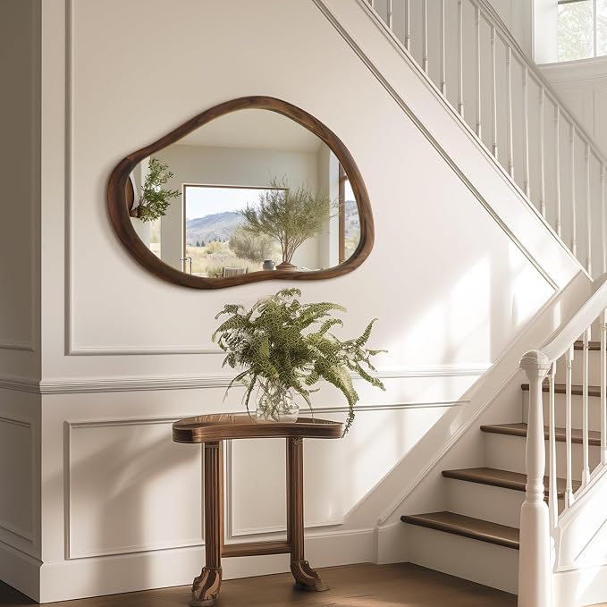 35"x24" Wood Bathroom Mirror Wall Mounted, Dark Walnut Irregular Wall Mirror, Rustic Farmhouse Vanity Mirror for Bedroom Living Room Bathroom Entryway, Horizontal/Vertical