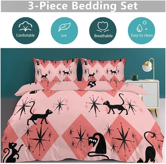 Mid Century Bedding Set,Retro Black Cat 1950s 1960s Abstract Atomic Pink Geometric Pattern Modern Comforter Set with Pillowcase for Bedroom Bed Decor,King 102"x90"