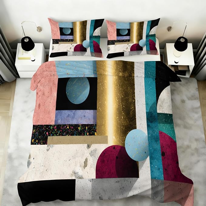 Multicolor Geometric Duvet Cover Queen Size, Mid Century Modern Bedding Set 3 Piece, Abstract Colorful Geometric Patterned Comforter Cover with Zipper Soft Microfiber, 2 Pillowcases
