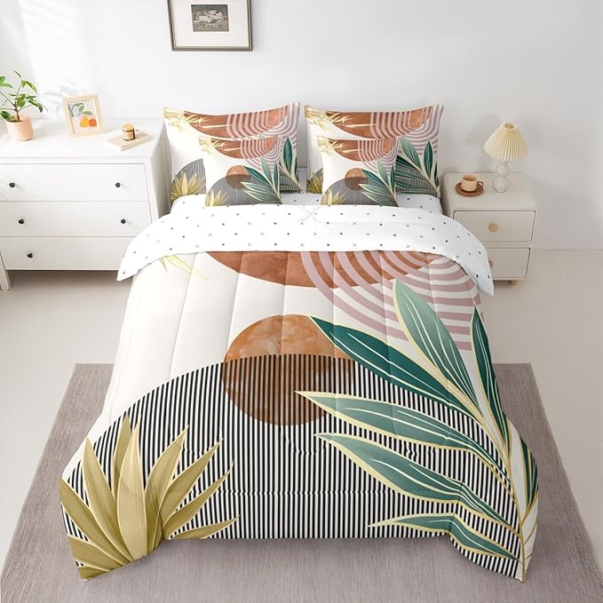 Erosebridal 7 Piece Boho Mid Century Bedding Sets Queen Vintage Comforter Set for Boys Girls,Abstarct Retro Stripes Bed in a Bag Modern Minimalist Simplistic Sheet Set with Comforter,Brown