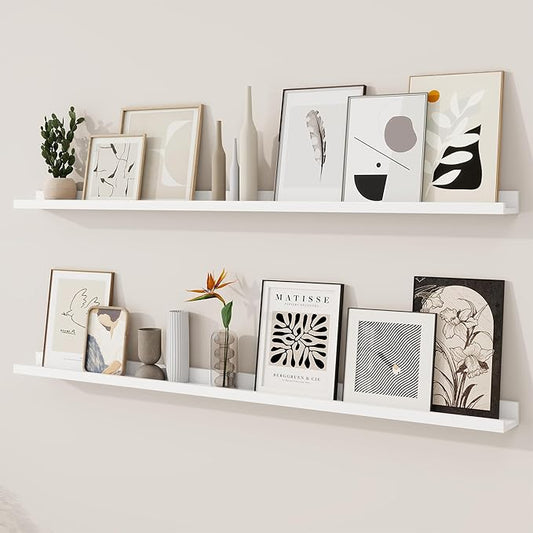 RICHFOCUS Picture Ledge Shelf, 55 inch Floating Shelves Set of 2, Wood Wall Shelves with Lip, Wall Decor Storage for Bedroom Living Room Bathroom Kitchen Nursery Photo Picture, White