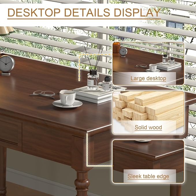 Solid Wood French Country Desk,Writing Desk with Storage Drawers,Farmhouse Computer Table Makeup Table Modern Simple Style,for Home Office Living Room Study Workspace Bedroom (Walnut, 31.5IN)