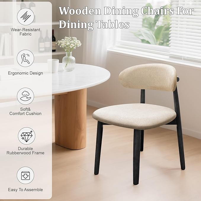 Wooden Dining Chairs Set of 8, Mid Century Modern Fabric Upholstered Kitchen Chairs Side Chairs, Farmhouse Dining Room Chair with Black Legs for Kitchen Dining Room Restaurant Cafe, Beige, Only Chairs