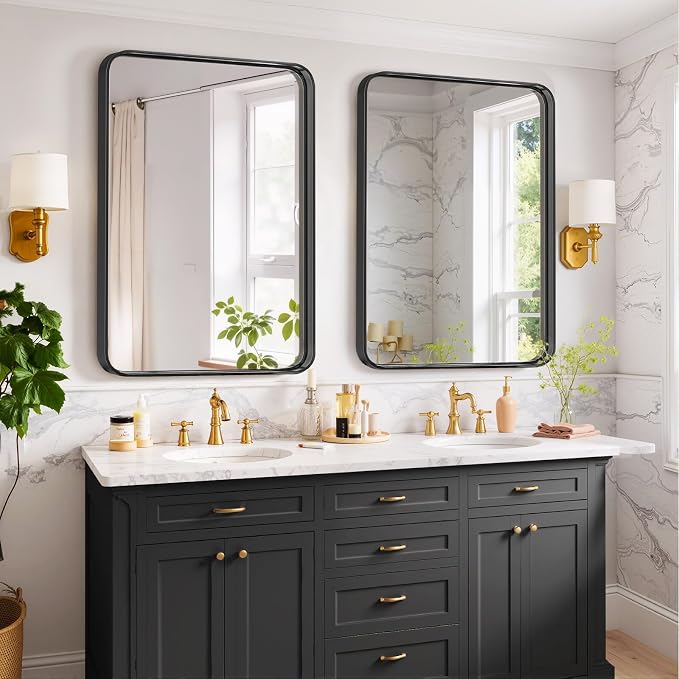 Bathroom Mirror 36x24 Inch Black Metal Frame Rectangle Vanity Mirror with Rounded Corners, Modern Wall Mounted Anti-Rust Mirror for Farmhouse, Restroom, Entryway, Horizontal or Vertical Hanging
