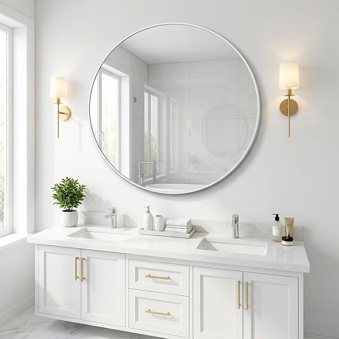 HARRITPURE Round Mirror 24" White Wall Mounted Circle Mirrors Vanity Mirror with Brushed Aluminum Alloy Frame Modern Decoration for Bathroom, Living Room, Vanity, Bedroom, Entryway