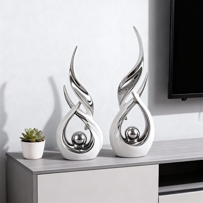 DOVDOV 2-Piece Abstract White and Silver Home Decor, Ceramic Abstract Sculptures, Modern Art Pieces, Suitable for Room Coffee Tables, Office Bookshelves, Dining Table Centers, entryway Decor.
