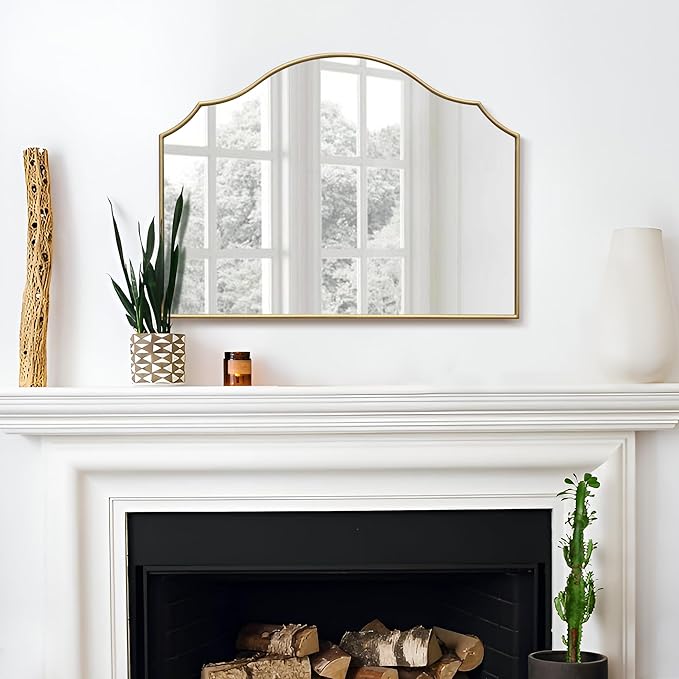 Besdomus Gold Scalloped Mirror for Vanity: 32"x24" Modern Minimalist Wooden Bathroom Mirror - Decorative Dresser Wall for Mantel/Bedroom/Entryway/Hallway - Ideal for 20-55 Age Fashion Women