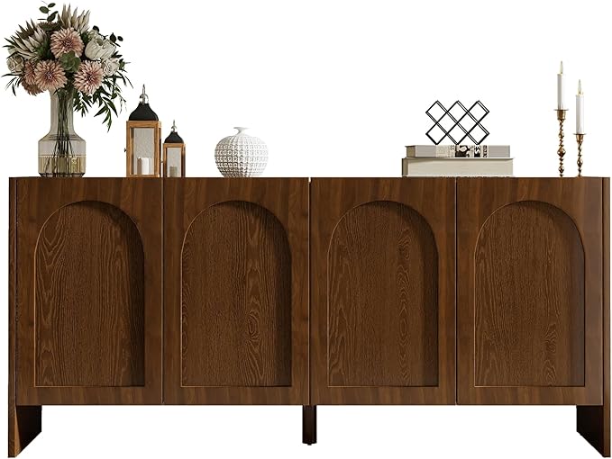 63" Sideboard Buffet Cabinet with Storage, 4 Door Solid Wood Veneer Sideboard Modern Arched Accent Cabinet with Adjustable Shelves, Large Credenza for Living Room,Kitchen,Entryway(Walnut)