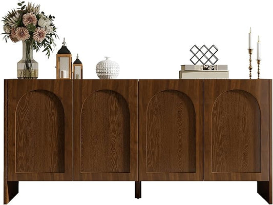 63" Sideboard Buffet Cabinet with Storage, 4 Door Solid Wood Veneer Sideboard Modern Arched Accent Cabinet with Adjustable Shelves, Large Credenza for Living Room,Kitchen,Entryway(Walnut)