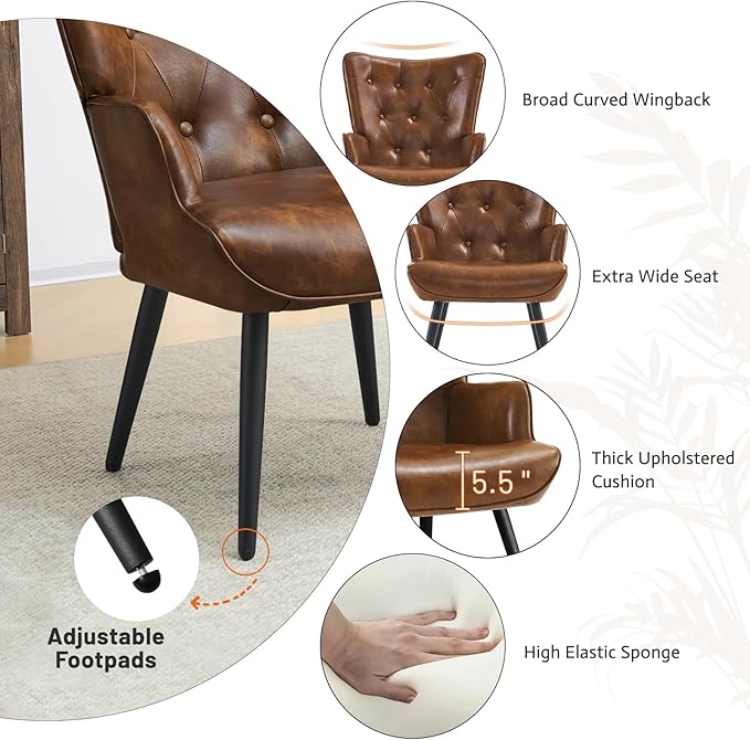 Furniliving PU Leather Accent Chair for Living Room, Upholstered Reading Chair with High Backrest, Tufted-Button Wingback Armchair for Bedroom, Dressing Room, Home Office, Brown, Set of 2