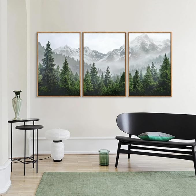 KaiWithYuan Misty Snow Mountain Framed Canvas Wall Art, Snowy Pine Tree Woodland Wall Decor, Calming Nature Forest Art Paintings, Minimalist Landscape Artwork for Bedroom Living Room Office 16"x24"x3