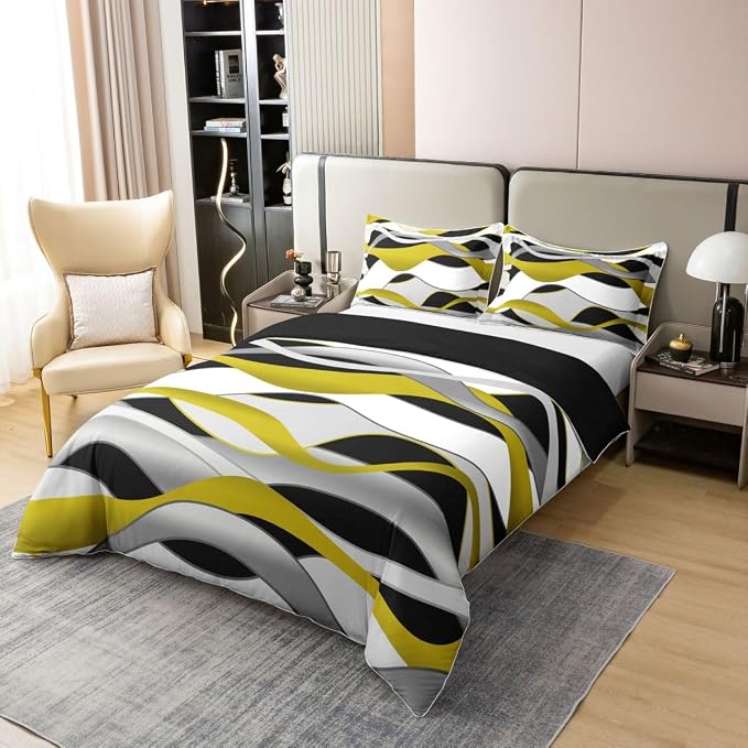 Erosebridal Yellow Gray Black Bedding Set King Geometric Stripes Print 100% Cotton Duvet Cover Abstract Lines Art Comforter Cover for Kids Teens Adults Wave Stripe Pattern Bed Set 3 Pcs