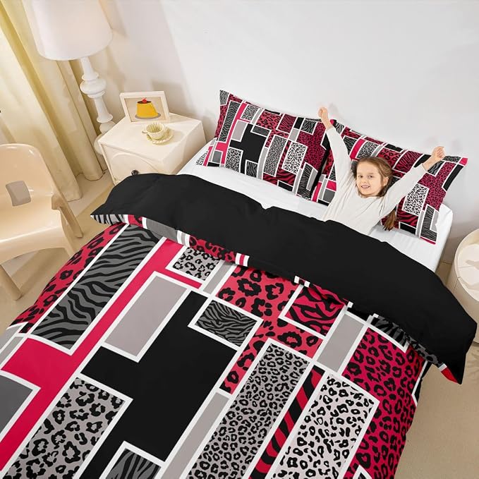 Erosebridal Red Black Grey Leopard Bedding Set King African Animal Leopard Skin Print Duvet Cover Cheetah Zebra Wildlife Comforter Cover for Kids Teen Adults,Geometric Stripes Patchwork Bed Set