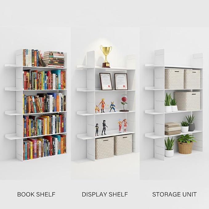 4 Tier Floating Book Shelf, Metal Wall Mounted Storage Shelves with 2 Uprights & 4 Shelves, Easy Install Display Shelf for Books, Plants, Decor & Collectibles, White
