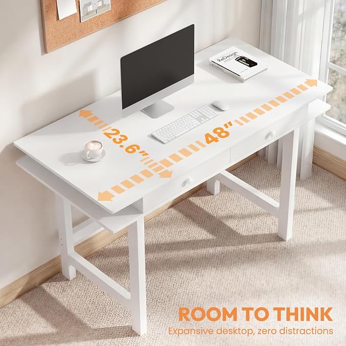 Double-Top Solid Wood Desk - 60-Inch Mid-Century Modern Writing Table with Drawers for Home Office, Study, and Creation, Rubberwood Computer Desk in White