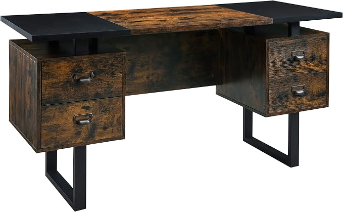Computer Desk for Home Office with 4 Large Drawers, Rustic Wood Writing Study Table Metal Frame, 59” x 21.7” 29.5”, Color Block Desktop,Easy Assembly, Vintage and Black CTSZ20401CM