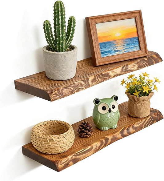 24 Inch Wooden Floating Shelves for Wall Set of 2, Finnish Spruce Solid Wood Shelf, Natural Wood Floating Shelves for Living Room, Bathroom, Bedroom, Kitchen, Brown Finish