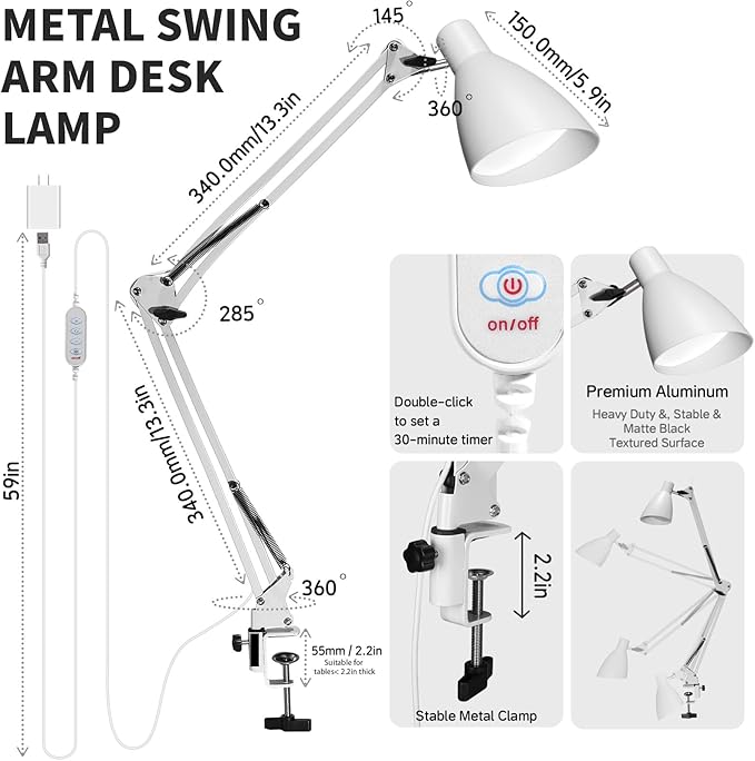 LED Desk Lamp with Clamp, 32" Classic Swing Arm Architect Desk Lamp 5 Color Modes 10 Brightness Level, Home Office Task Lamps Adjustable Gooseneck Clip-on Table Light for Reading, Home Working, Study