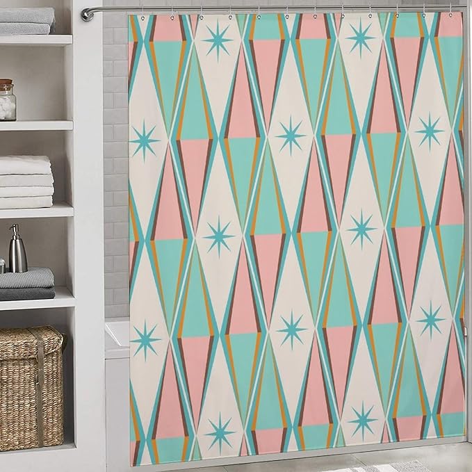 Mid Century Shower Curtain,Modern Abstract Atomic Retro 60s Geometric Fabric Bathroom Decor Curtains with Hooks 72x72in（183x183cm）