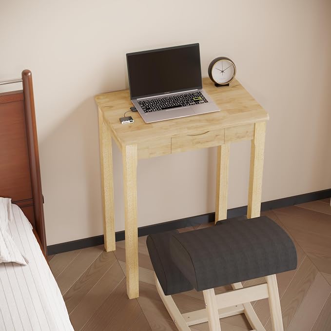Solid Wood Desk with Drawers - 24 x 16 Inch Simple Narrow Desks, Rubber Wood Study Table, Small Writing Desk for Small Spaces|Bedroom - Natural Boho Desks