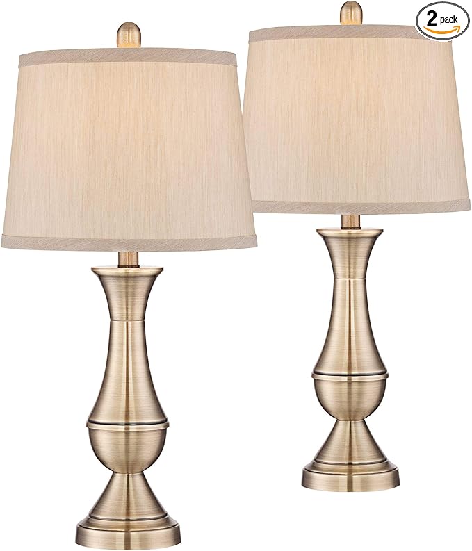 Regency Hill Becky Traditional Table Lamps 24.75" High Set of 2 Antique Brass Gold Metal Beige Tapered Drum Shade Decor for Living Room Bedroom House Bedside Nightstand Home Office Entryway