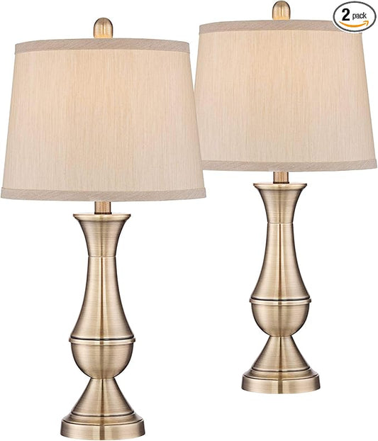 Regency Hill Becky Traditional Table Lamps 24.75" High Set of 2 Antique Brass Gold Metal Beige Tapered Drum Shade Decor for Living Room Bedroom House Bedside Nightstand Home Office Entryway