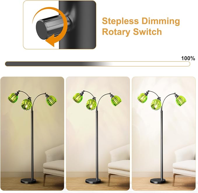 Arc Floor Lamps for Living Room, Dimmable Floor Lamp with Green Flower Glass Shades and 3 Brightness Lights, Adjustable Arm, Modern Tree Tall Standing Lamp Corner Arched Light for Bedroom Decor