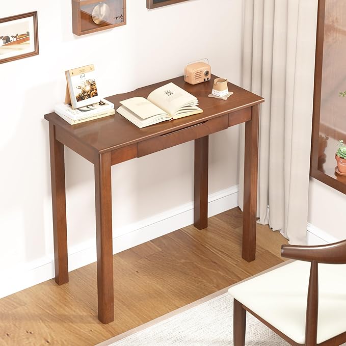 Solid Wooden Desk with Drawers - 32 x 16 Inch Vintage Narrow Desks, Mid Century Modern Desks, Rubber Wood Study Table, Small Writing Desk for Bedroom|Small Spaces - Walnut Color