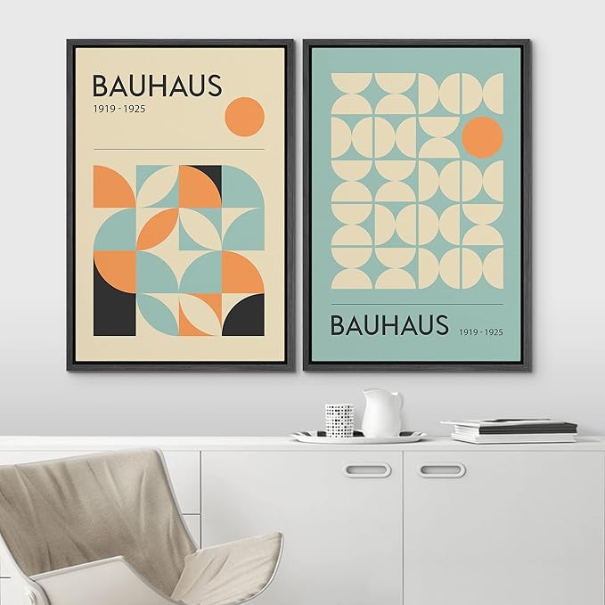 IDEA4WALL Framed Canvas Print Wall Art Set Bauhaus Geometric Blue Orange Polygon Collage Abstract Shapes Illustrations Modern Art Decorative for Living Room, Bedroom, Office - 24"x36"x2 Black