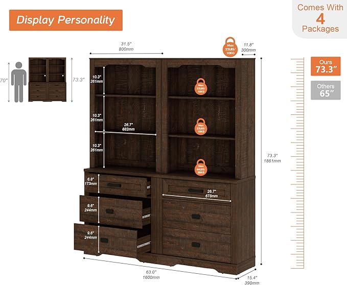 WAMPAT 2 Column 73.3" Tall Bookcase with Chest of Drawers, 63 inch Wide Standing Rustic Bookshelves, Modern Farmhouse Display Storage Cabinet with Adjustable Shelves,Dark Wood Brown