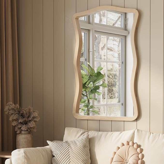 ULIKE Wavy Wall Mirror for Bathroom, 24x36 Wood Frame Mirror for Over Sink, Rustic Wall Mirrors Decorative and Vanity Mirrors for Bedroom Living Room Entryway, Natural