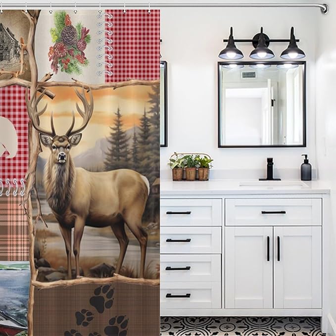 Retro Bear Rustic Shower Curtain, Farmhouse Country Antique Moose Bear Forest Vintage Wood Hunting Camping Waterproof Shower Curtains for Bathroom Decor 12 Pack Hooks 55x72in（140x183cm）