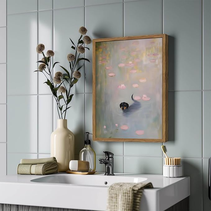 Funny Black Dog Wall Art Cute Dachshund in Water Wall Decor Picture Vintage Animal Swimming with Monet Waterlily Canvas Painting Print for Bedroom Living Room 16x24 inch Wood Framed