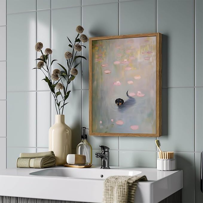 Funny Black Dog Wall Art Cute Dachshund in Water Wall Decor Picture Vintage Animal Swimming with Monet Waterlily Canvas Painting Print for Bedroom Living Room 12x16 inch Wood Framed