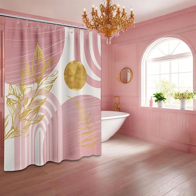 Blush Pink and Gold Shower Curtain Boho Mid Century Light Pink and White Shower Curtains for Bathroom Decor, Waterproof Cloth Fabric with Hooks, 60" W x 72" L