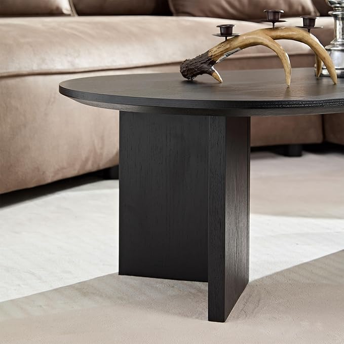 SSLine Mid-Century 39.37" Oval Coffee Table with Pedestal Base Black Wood Grain Top Cocktail Center Table for Living Room Bedroom
